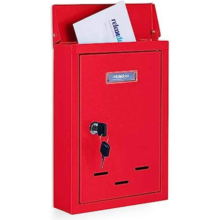 Relaxdays Briefkasten mit Namensschild, aus Metall, mit 2 Schlüsseln, Postkasten schmal, HxBxT: 30,5 x 21 x 7 cm, rot, 1 Stück