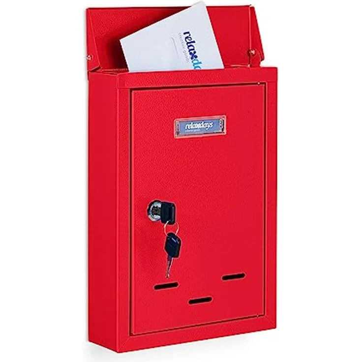 Relaxdays Briefkasten mit Namensschild, aus Metall, mit 2 Schlüsseln, Postkasten schmal, HxBxT: 30,5 x 21 x 7 cm, rot, 1 Stück – Bild 1