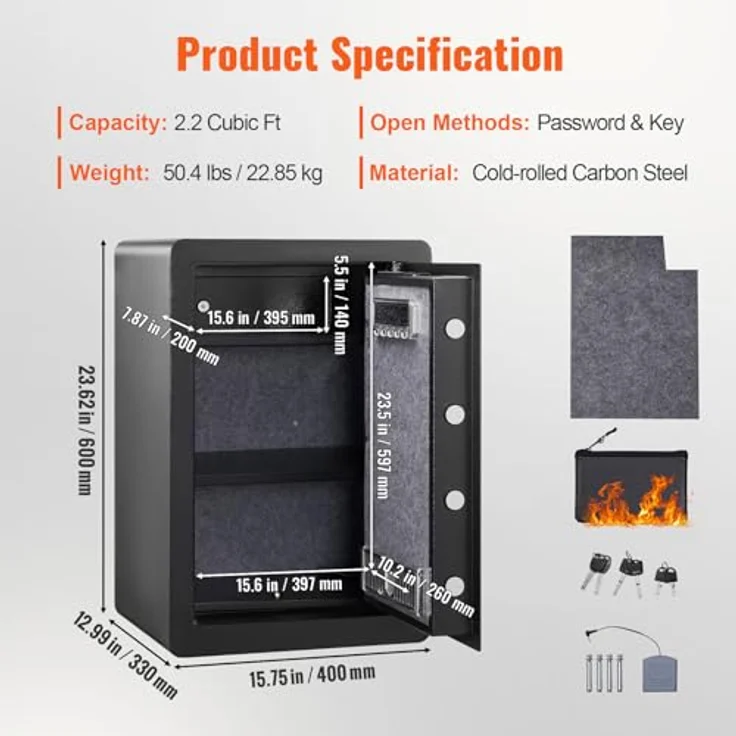 VEVOR Tresor Safe Tresor 2,2 Kubikfuß, Möbeltresor mit Feuerfester Geldtasche, Zuverlässiges Dreifach-Schloss-System, verstärktes legiertes Stahlmaterial – Bild 3