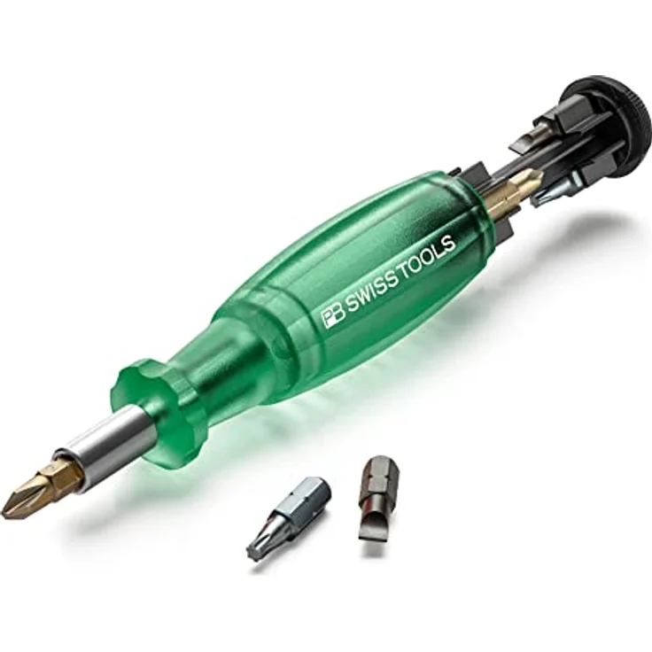 PB Swiss Tools Bit Handhalter Schraubendreher PB 6464 | 100% Swiss Made | Schraubendreher magnetisch mit Bits im Griff, inklusive Schlitz 2/3/4, PH1/PH2, T10/T15/T20 Bits, Grün – Bild 2