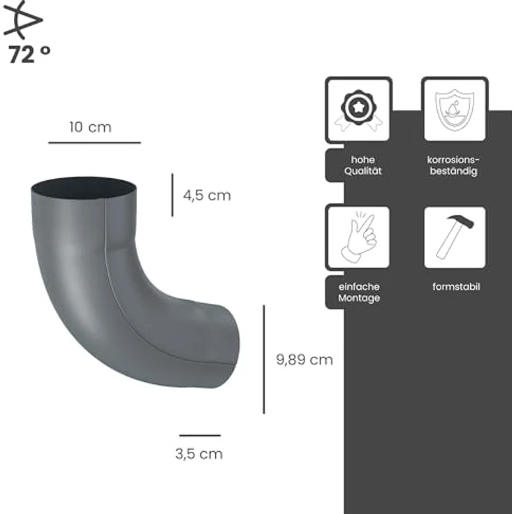 ZAMBELLI Fallrohrbogen 72 Grad, einteilig gefalzt DN100 / 100mm, korrosionsbeständiger verzinkter Stahl, Anthrazit – Bild 2