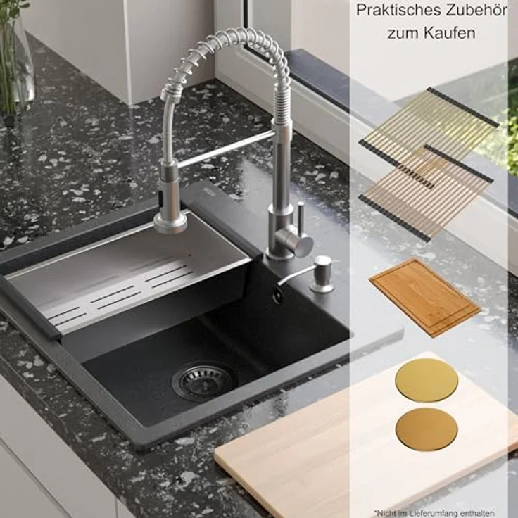 Quadron MORGAN 110 Einbauspüle, Granitspüle in Weiß & Golden, 57 x 50 x 22 cm, Einzelbecken, kratzfest und fleckenbeständig – Bild 5