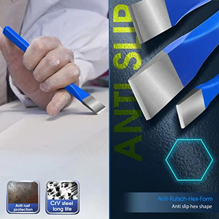 S&R Meißel-Set, 3-teiliges Hand-/Flach-/Steinmeißel-Set aus Ch-V-Stahl, hitzegehärtet für Metall-, Holz- und Bet bearbeitung – Bild 4