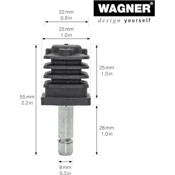 WAGNER Stift + Vierkanthülse 2tlg. - 22/25/ Ø 8 mm, Höhe 25/26/55 mm, für Möbelrolle / Möbelgleiter mit Aufnahme 8 mm, Stahl verzinkt / Kunststoff, Klemmring - 11008599, Set aus Industriestahl und Kunststoff, 2er-Set – Bild 2