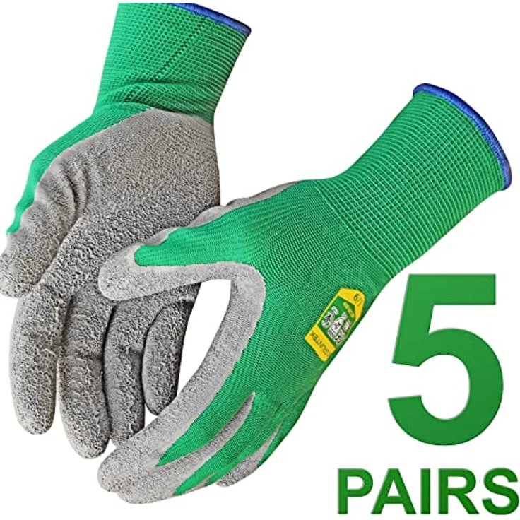 GRÜNTEK 5 Paar Gartenhandschuhe aus Polyesterfaser mit Latexbeschichtung, Gr. L/9, wasserabweisend und rutschfest, ideal für Garten- und Outdoor-Arbeiten, Unisex Design, schwarz – Bild 2