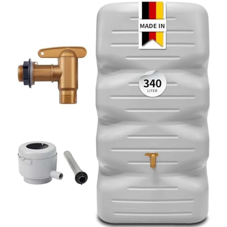 Garantia CUBUS Regentonne Komplett-Set 340 Liter betongrau - Umweltfreundliche Regenwassernutzung, modernes Design, praktische Wasserentnahme – Bild 1