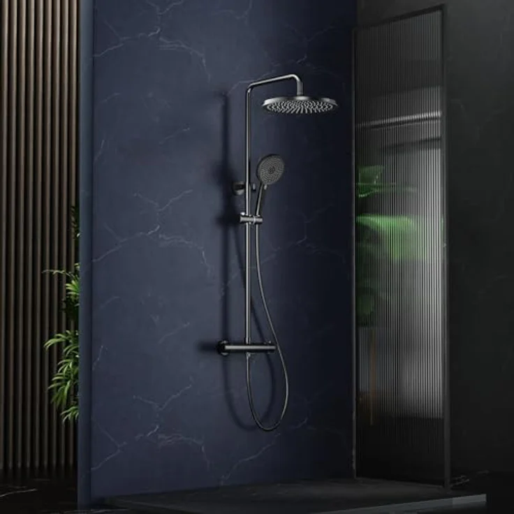 Rainsworth Duschsystem mit Thermostat, schwarze 30cm Rund Regendusche, 5 Strahlarten, höhenverstellbare Edelstahl-Duschstange – Bild 3