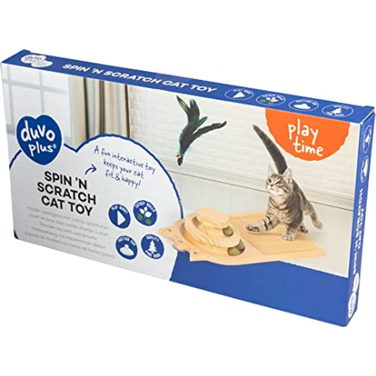 DUVO+ Play 'n Scratch Katzenspielzeug, Tier-Intelligenzspielzeug aus Kiefernholz mit Katzenminze-Bällen, 40 x 19 x 8 cm – Bild 2