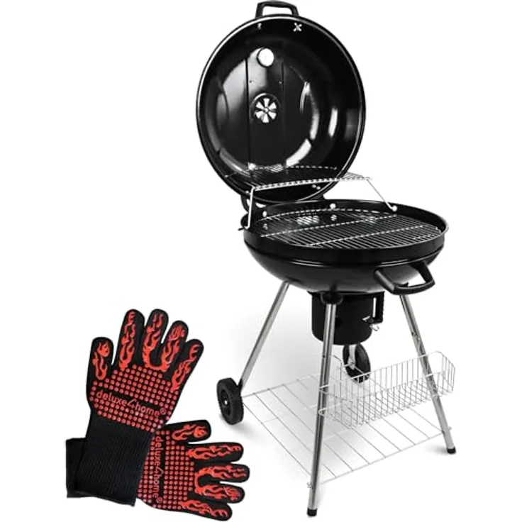 deluxe4home® Kugelgrill mit Deckel Ø55 cm Schwarz I Rollbarer BBQ-Grill mit Aschebehälter & Grillhandschuh