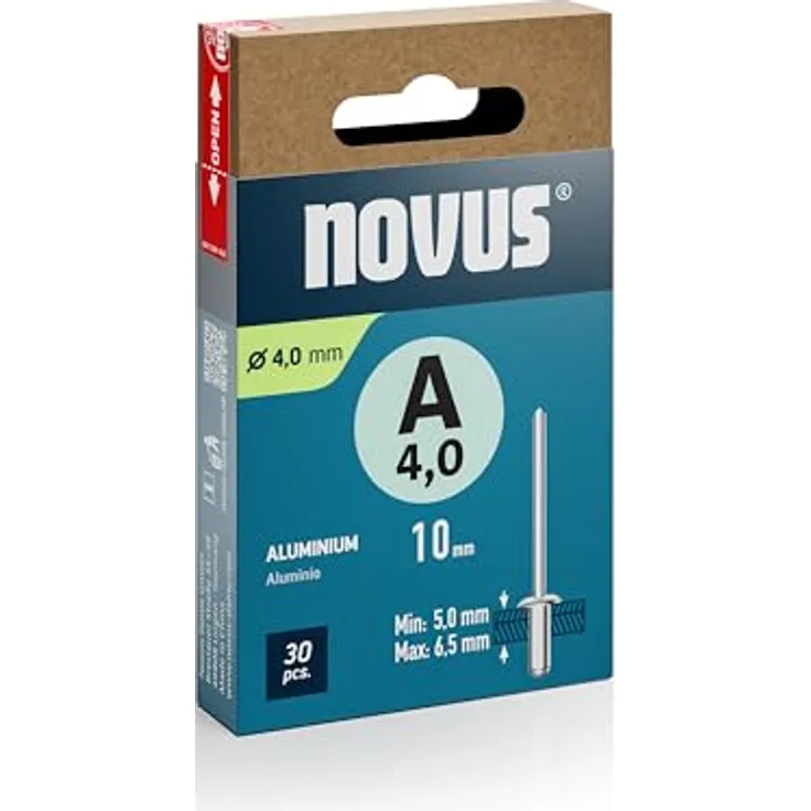 Novus Tools Aluminium-Blindnieten Ø 4,0 mm, 10 mm Länge, 30 Stück, 5,0-6,5 mm Klemmlänge, ideal für Nichteisen-Metall, Kunststoff, Leder und Stoffe