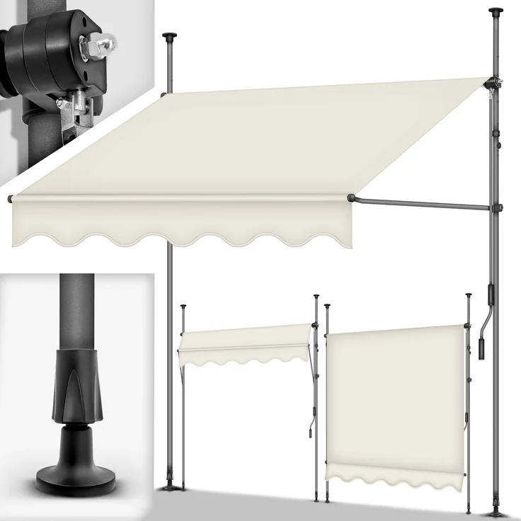 tillvex Balkonmarkise Gelenkarm Markise Klemmmarkise Sonnenmarkise Balkon ohne Bohren Sand 350 cm - Höhenverstellbarer Rahmen, witterungsbeständiger Markisenstoff, einfache Montage