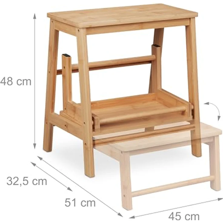 Relaxdays Tritthocker klappbar, 2 Stufen, bis 100 kg, aus Bambus, natur, HBT 48 x 45 x 51 cm, vielseitig einsetzbar für Kinder und Haushalt – Bild 4