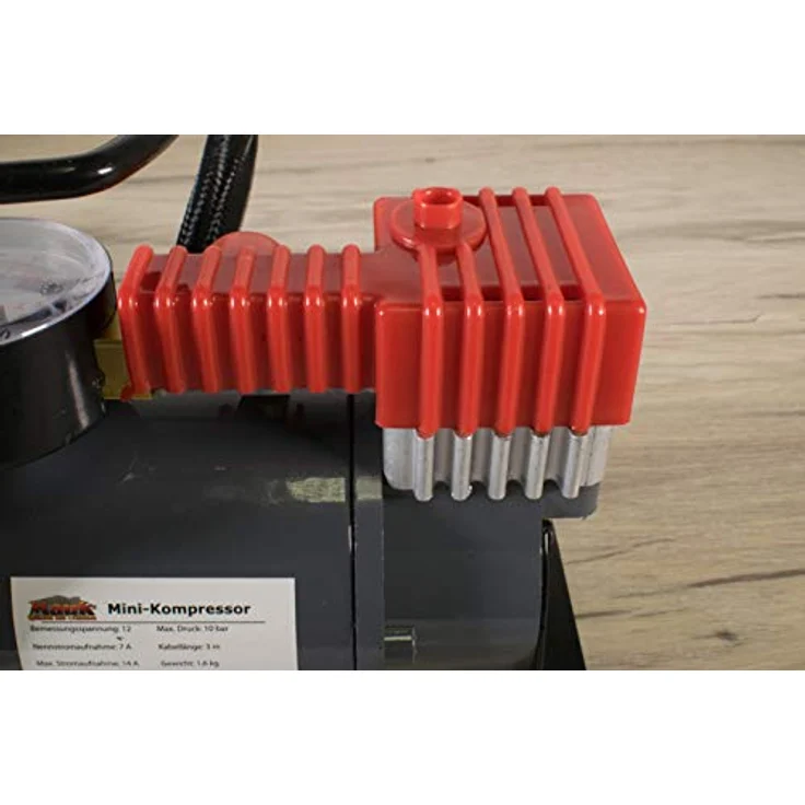 Mauk Mini Kompressor 12V, 10 bar mit Druckmanometer, Anschluss über Zigarettenanzünder, inkl. 4 Adapter – Bild 2