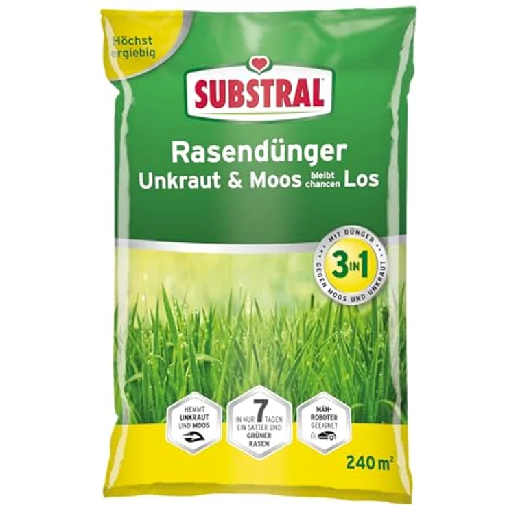 Substral Rasendünger Unkraut & Moos bleibt chancenlos, 7,2kg für 240qm, sattgrüner Rasen in 7 Tagen, düngt bis zu 3 Monate, Grün – Bild 1