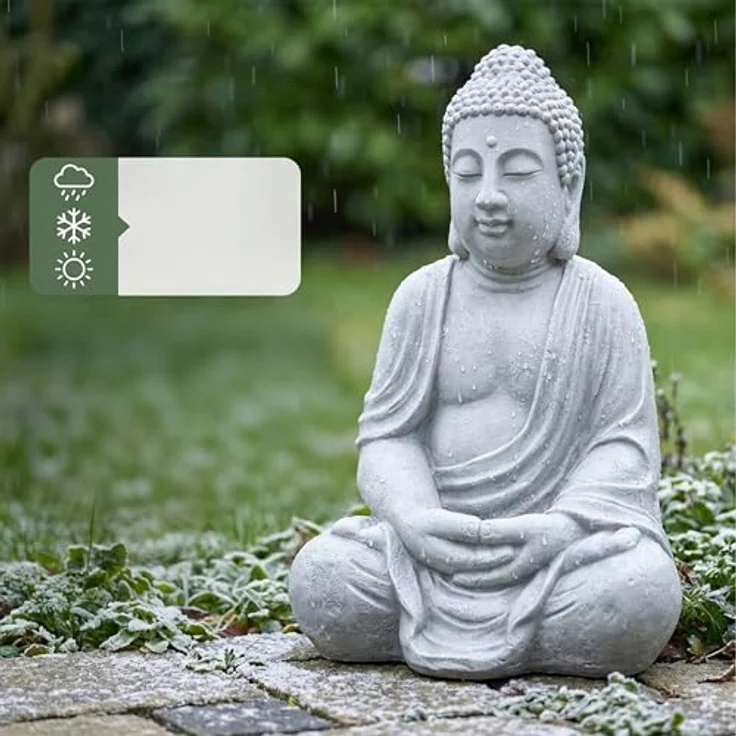 Relaxdays Buddha Figur sitzend, XL 70 cm, wetterfeste Gartenfigur in hellgrau, frostsicher, Vintage Deko für Wohnzimmer – Bild 5