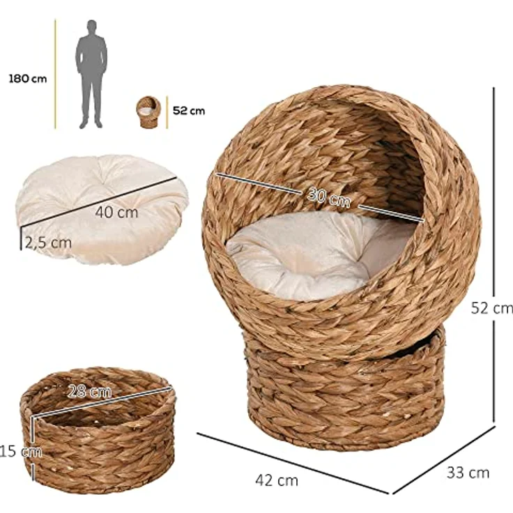 Pawhut Rattan Katzenkorb Katzenhöhle Katzenhütte Katzenbett mit Kissen Haustierbett Wasserhyazinthe Hellbraun 42 x 33 x 52 cm – Bild 3