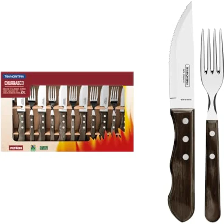 Tramontina Jumbo Steakbesteck Set, 12-teilig, rostfreier Edelstahl, FSC Holzgriff, spülmaschinenfest, Wellenschliff, für 6 Personen – Bild 1
