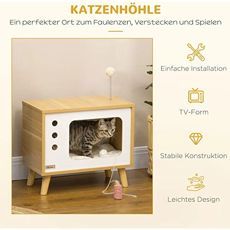 PawHut Tierhaus im TV-Design, inkl. Spielzeug und waschbarem Kissen, Eiche+Beige+Weiß, 50B x 28T x 43H cm – Bild 6