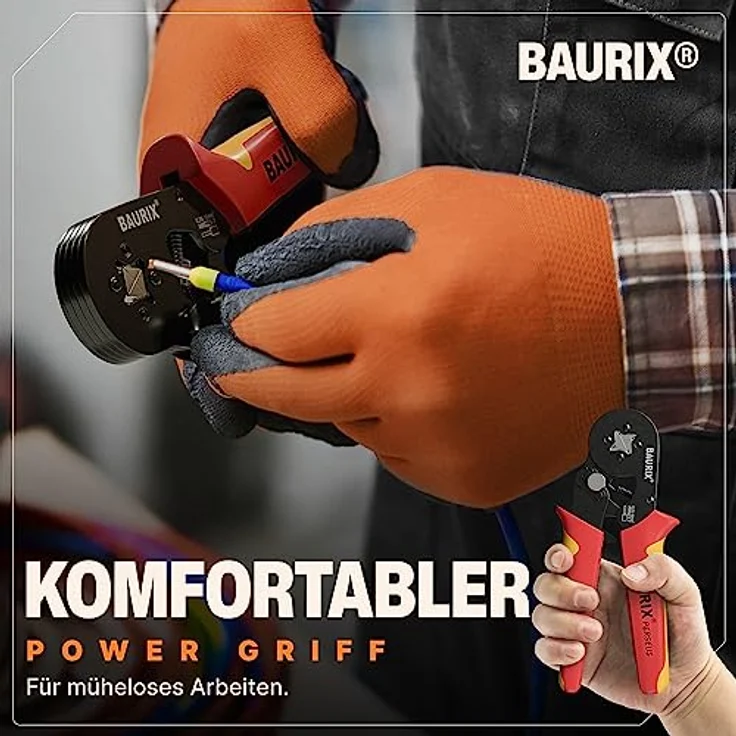 BAURIX® Crimpzange Aderendhülsen PERSEUS, selbsteinstellende Zange für 0,25–10 mm², ergonomischer Griff, gleichmäßige 4-Kant-Verpressung – Bild 5