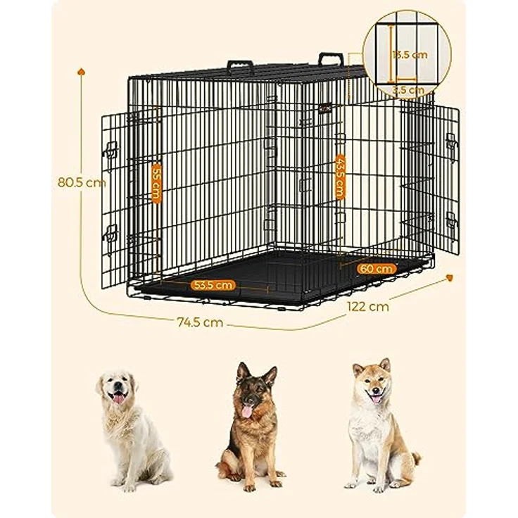 Feandrea Hundekäfig klappbar XXL, mit 2 Türen und Kunststoffschale, 122 x 74,5 x 80,5 cm, schwarz – Bild 4