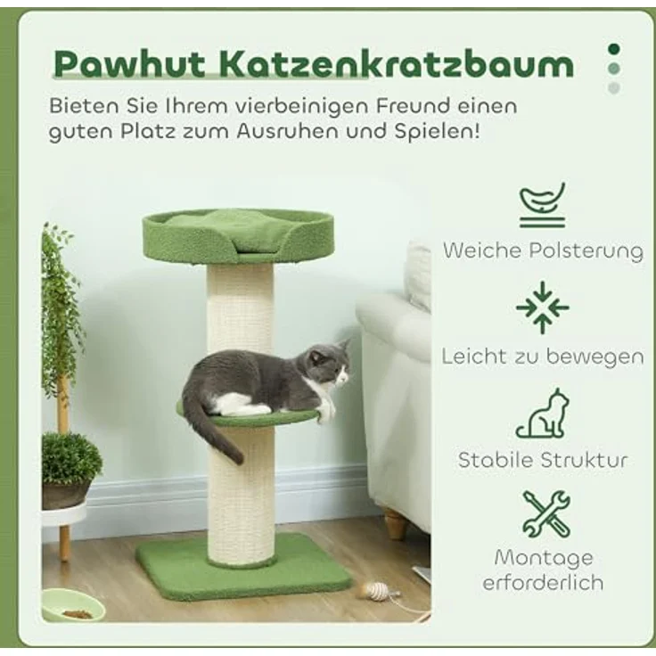 PawHut Kratzbaum 91 cm, mehrstöckiger Katzenkratzbaum mit Sisalstämme, weichem Kissen und stabiler Plattform, für mittelgroße Katzen, Grün – Bild 3