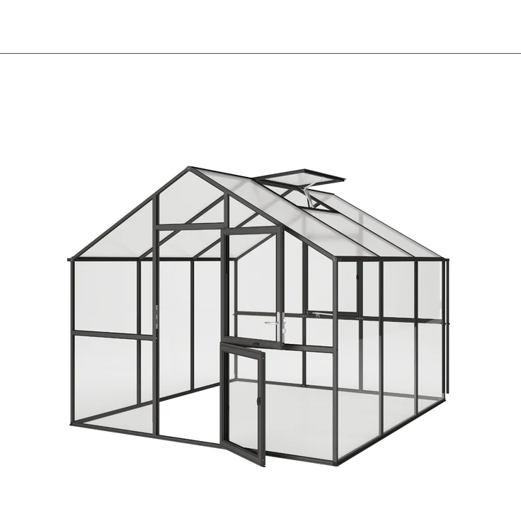 KGT Gewächshaus "Ortasia III", anthrazit-grau, 9,6 m² mit 4 mm ESG und 10 mm HKP, automatischer Fensteröffner