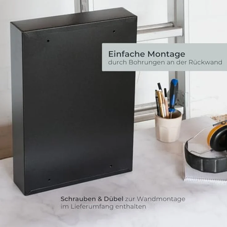 HMF Schlüsselkasten abschließbarer Schlüsselschrank mit 64 Haken, verstellbare Hakenleisten, 45 x 30 x 8 cm, schwarz – Bild 8