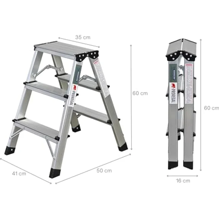 PROREGAL® Stehleiter APOLLO, beidseitig begehbar, Traglast 150kg, Aluminium, Größe 2x3 – Bild 2