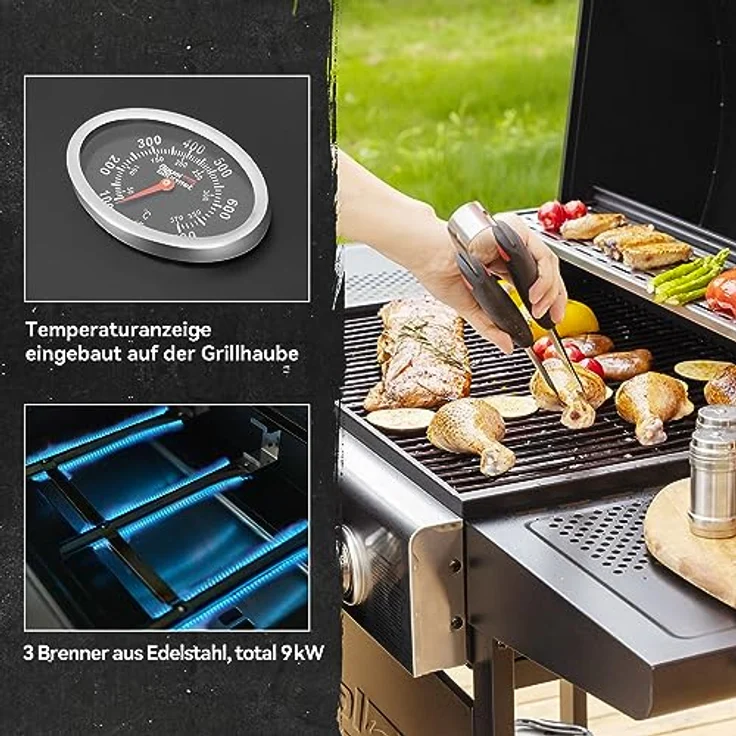 Royal Gourmet Gasgrill Grillwagen 3 Brenner 9 kW Camping Gaskocher mit Kochplatte, Gartengrill mit Flaschenöffner, Druckminderer und Gasschlauch Grillrost ca. 60 x 42 cm, Schwarz – Bild 5