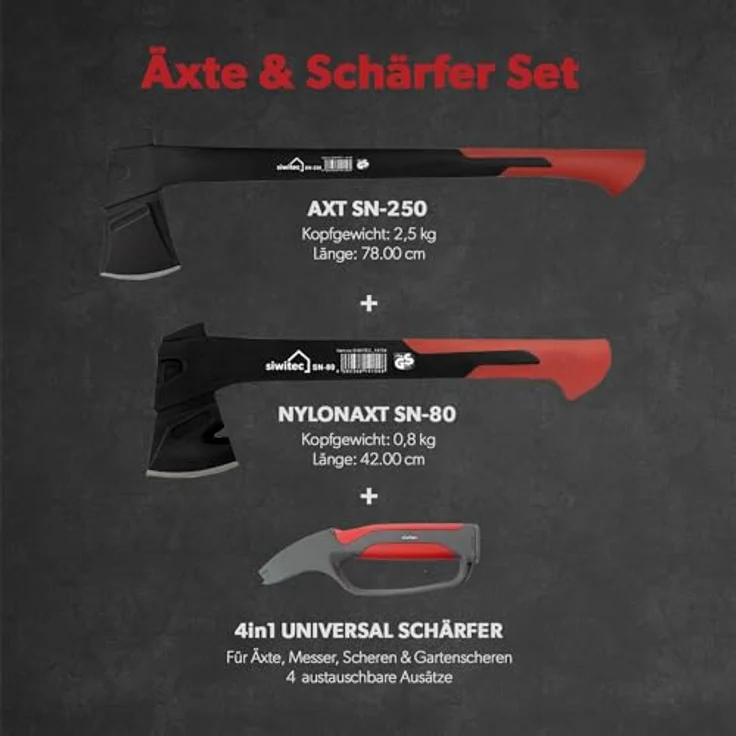 siwitec Axt Bundle mit Universal-, Spalt- und Campingaxt, inkl. Schnittschutz, optional mit 4-in-1 Schärfer, (Packung, wahlweise mit oder ohne Messerschärfer erhältlich) – Bild 2
