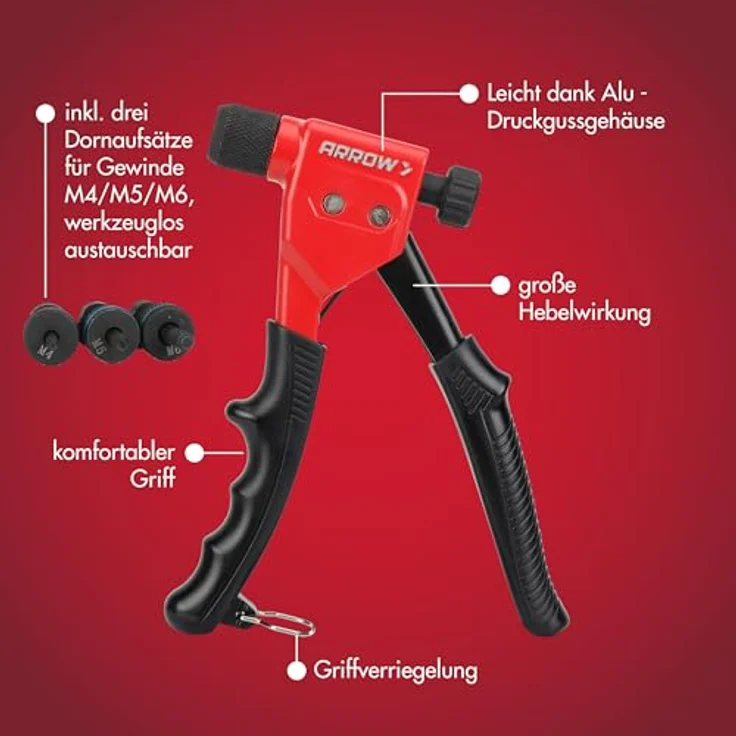 Arrow Nietmutternzange RNT1, inklusive 75x Aluminium Nietmuttern, HSS-Bohrer und M4/M5/M6 Gewindedorn, im Koffer-Set – Bild 4