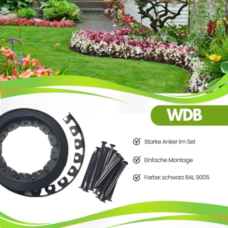 WDB Flexible Rasenkante, 10m lang, 4cm hoch, mit 20 Befestigungsnägeln, schwarz RAL 9005, elastisch und widerstandsfähig gegen Witterungseinflüsse – Bild 4