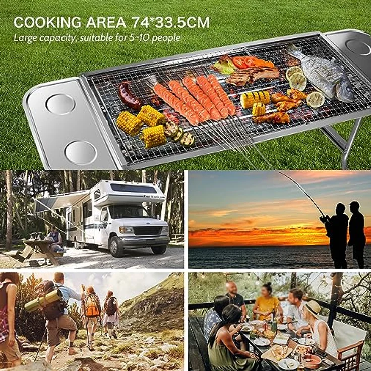Sunjas Edelstahl Holzkohlegrill, Klappgrill Outdoor BBQ Grills, Portable Campinggrill, Standgrilll, Grillwagen Kohlegrill- 74 x 33.5 x 71.5 – Bild 3