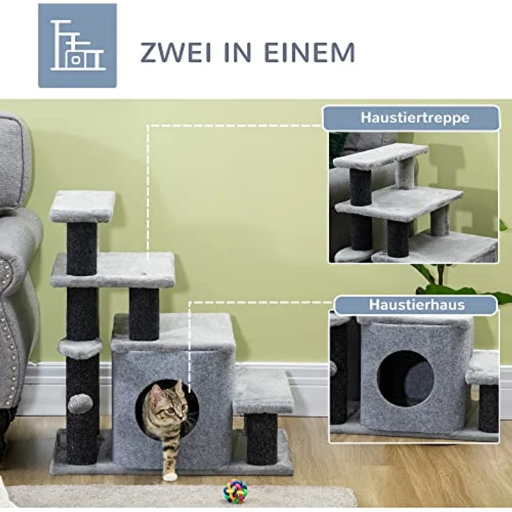 PawHut Haustiertreppe, 3/4-stufige höhenverstellbare Katzentreppe mit Schlafhöhle 2 in 1 praktische Hunderampe für kleine Hunde und Katzen Einstieghilfe für hohe Betten Sofa Grau 60 x 40 x 66 cm – Bild 5