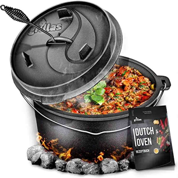 grillas Dutch Oven Set inkl. Rezeptideen | bereits eingebrannt - preseasoned | Feuertopf Gusseisen I Bräter mit Deckelheber und Henkel (Topf ohne Füße, 4,2 Liter / 4,5 QT)
