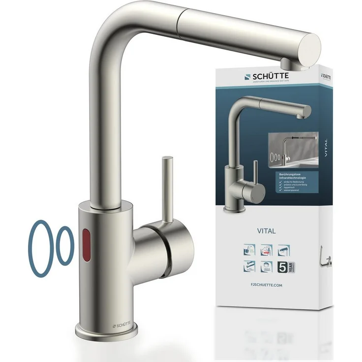 Schütte VITAL Spültischarmatur, Infrarottechnologie mit Cold-Start-Funktion, 360° schwenkbar, Eco-Click-Funktion, herausziehbarer Auslauf