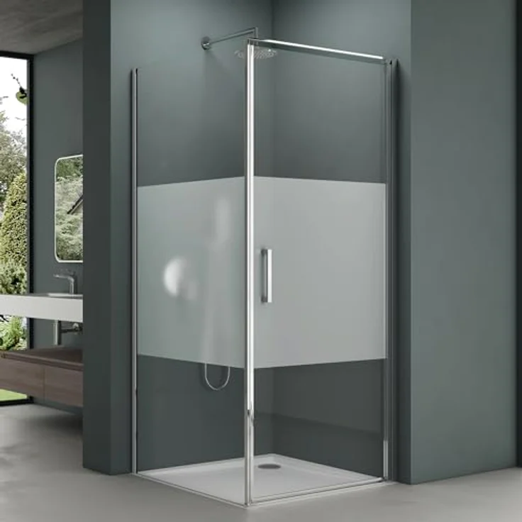 Mai & Mai Duschkabine Eckeinstieg 80x100x195 cm, Hebe-Senk-Mechanismus, 8mm ESG-Sicherheitsglas mit Nano-Beschichtung und Milchglas-Streifen, inkl. Duschtasse Rav36-Plus – Bild 1