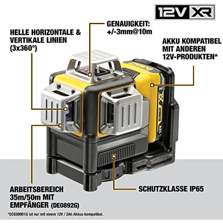 Dewalt Linienlaser (selbstnivellierender 3x360°,10,8V, 2Ah, manueller Modus ab 4° (Blinkmodus), Arbeitsbereich: 30M (60M mit Empfänger), Genauigkeit: +--3mm10m, IP65) grün – Bild 2
