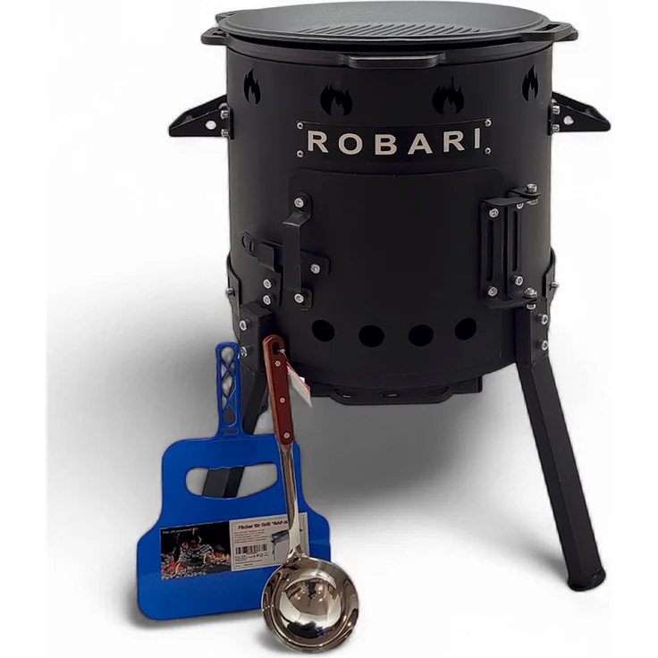 Robari Utschak Set mit Kasan 15 L, Holzkohlegrill mit Grilldeckel und Zubehör, schwarz