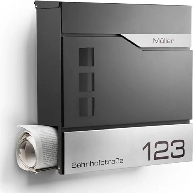 NewHabitat Moderner Briefkasten Personalisierbar Oslo Anthrazit RAL7016 mit Zeitungsfach, Edelstahl Namensschild und Hausnummer Gravur I Rostfrei und UV-beständig