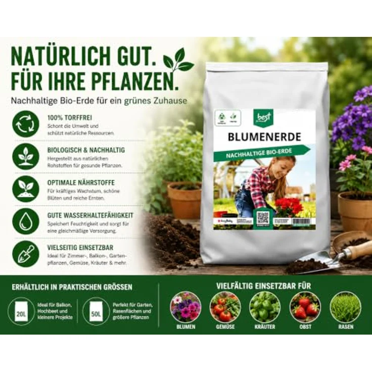 Best for Home Bio-Erde, Bio-Blumenerde torffrei für Zimmer- & Balkonpflanzen, nährstoffreiche Mischung, 20L oder 50L – Bild 5