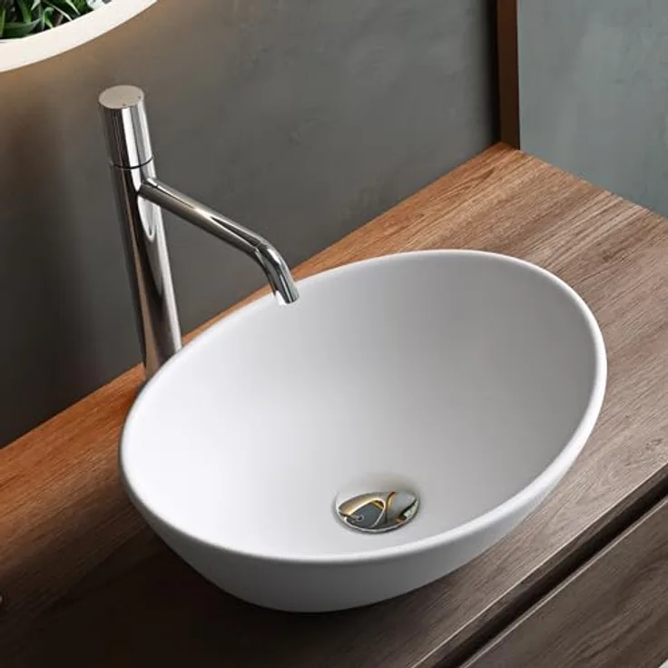 Mai & Mai: Aufsatzwaschbecken Keramik Oval, Nano-Beschichtung Weiß Matt Brüssel205