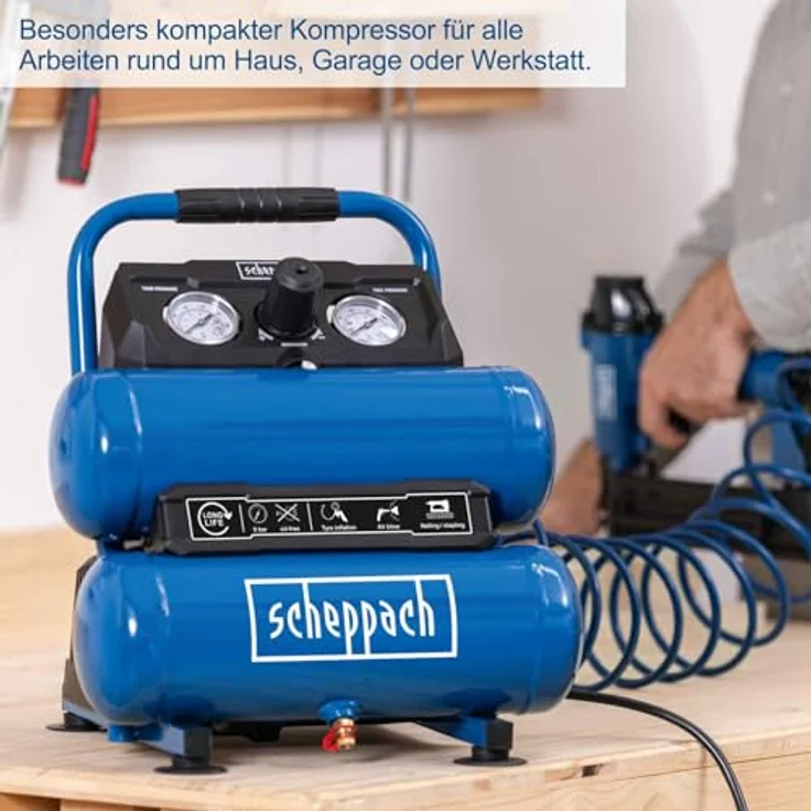 Scheppach Kompressor HC10-Twin, 8 bar, 7,5 L, 50,4 L/min Ansaugleistung, 750 W, ölfrei, kompakt für Werkstatt und Garage – Bild 3
