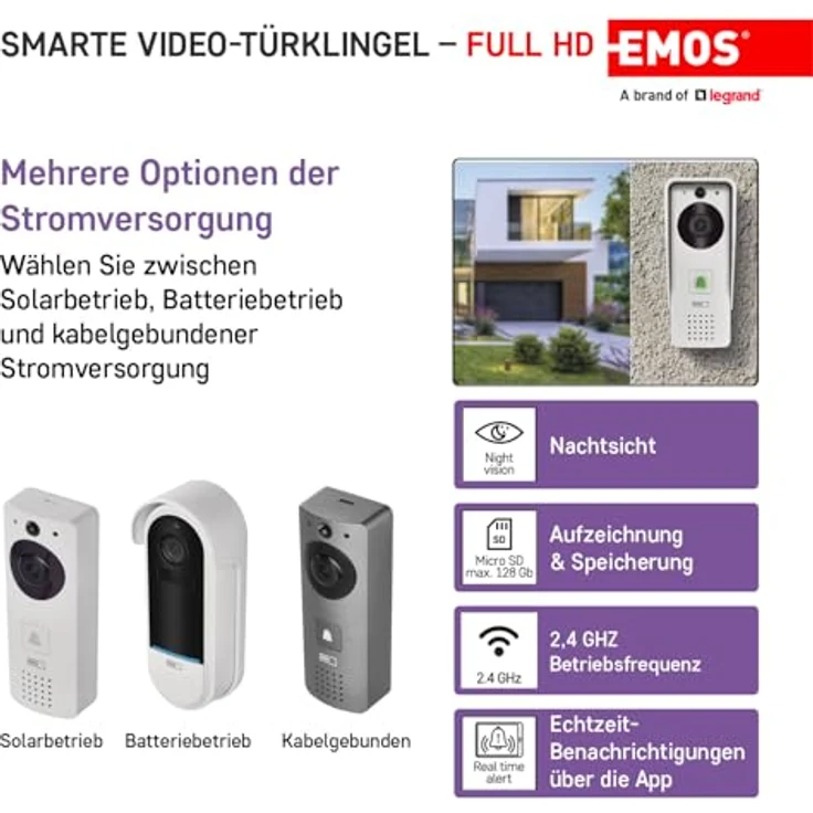 EMOS GoSmart IP-09D, Smart Home Video Türklingel mit Full HD 1080p Kamera, wasserdicht, Solarpanel/Akku, Klingel- und Türschloss-Steuerung, Google Home & Alexa kompatibel, weiß – Bild 3