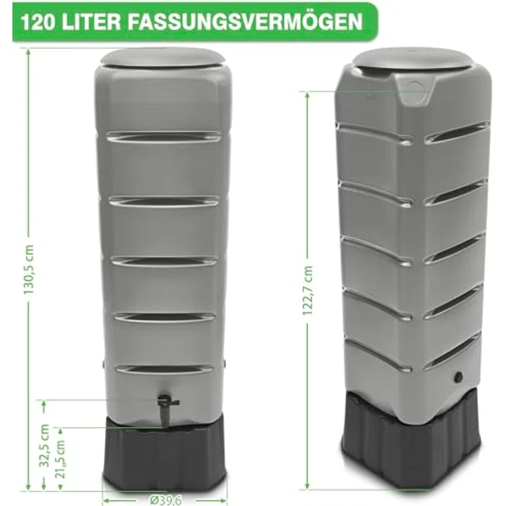 YourCasa Regentonne [Tower] 120L mit Standfuss, Deckel & Wasserhahn - Regenfass Frostsicher aus Kunststoff - Regenwassertonne - Regenwassertank Garten Wassertank Regensammler (Grau) - Nachhaltige Bewässerung & modernes Design – Bild 3