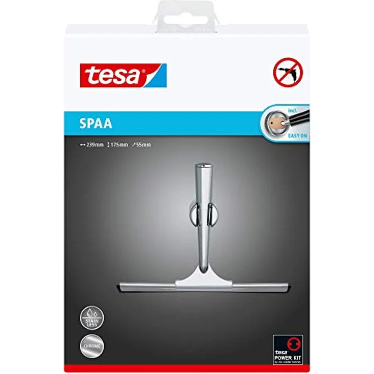 tesa SPAA Duschwischer, verchromt, rostfrei, inkl. Halterung und Klebelösung, weiche Gummilippe, 175mm x 239mm x 55mm – Bild 2