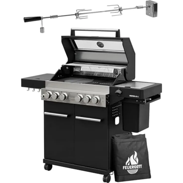 Feuergott Gasgrill Hektor 4B-S, 4-Brenner mit Sear-Brenner, Gusseisen-Grillrost, Heckbrenner, Seitenkocher, Drehspieß und Abdeckhaube für Garten und Terrasse