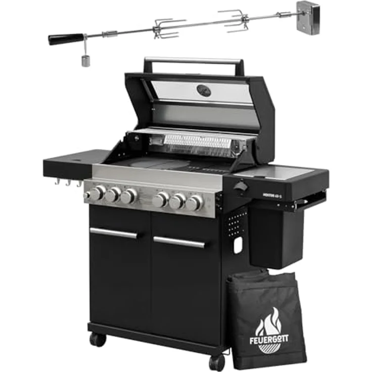 Feuergott Gasgrill Hektor 4B-S, 4-Brenner mit Sear-Brenner, Gusseisen-Grillrost, Heckbrenner, Seitenkocher, Drehspieß und Abdeckhaube für Garten und Terrasse – Bild 1