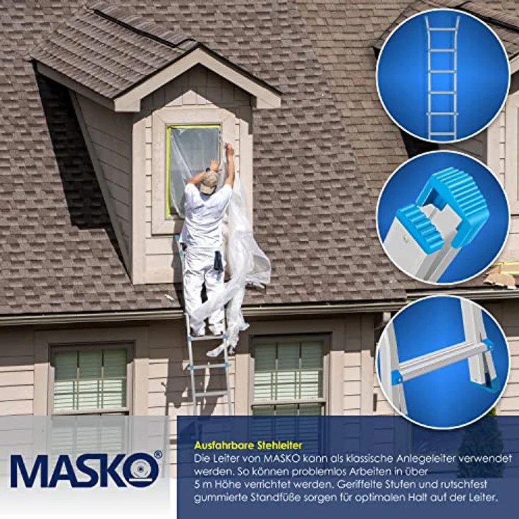 Masko Aluminium Teleskopleiter Multifunktionsleiter Aluleiter Klappleiter Anlegeleiter 5.10m - 4x5 Sprossen Silber-Blau – Bild 5