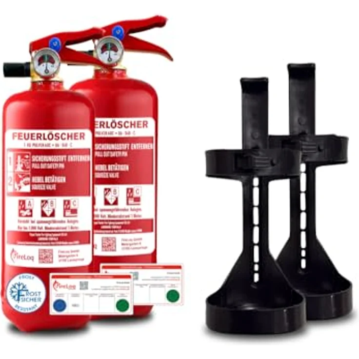 FireLoq 2X 1kg Pulver Feuerlöscher, Dauerdruck für Brandklasse ABC mit 8A | 34B | C, inkl. Prüfnachweis, KFZ-Halter und Manometer – Bild 1